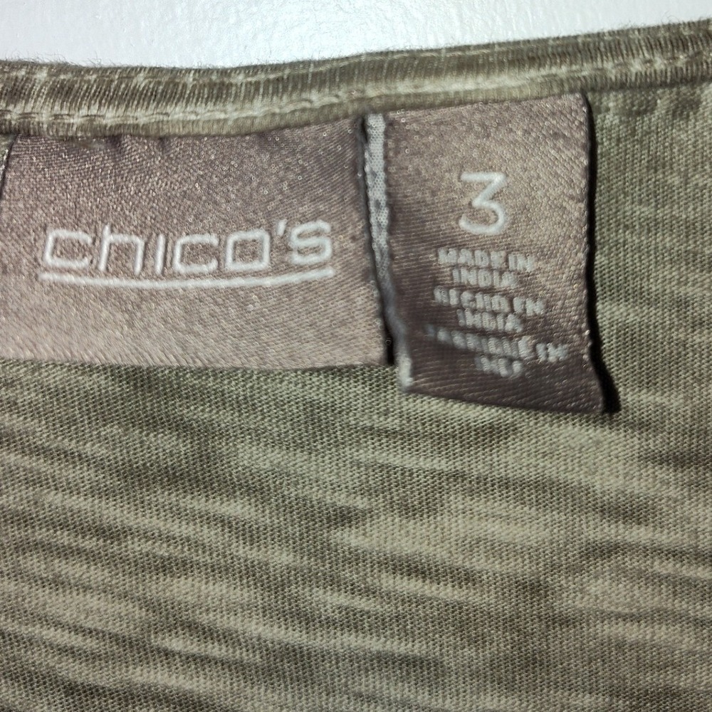 Chicos Size 3 Large XL Taupe Olive Burnout Tassel Tie Neck ShorSleeve Top Cotton - Picture 3 of 5